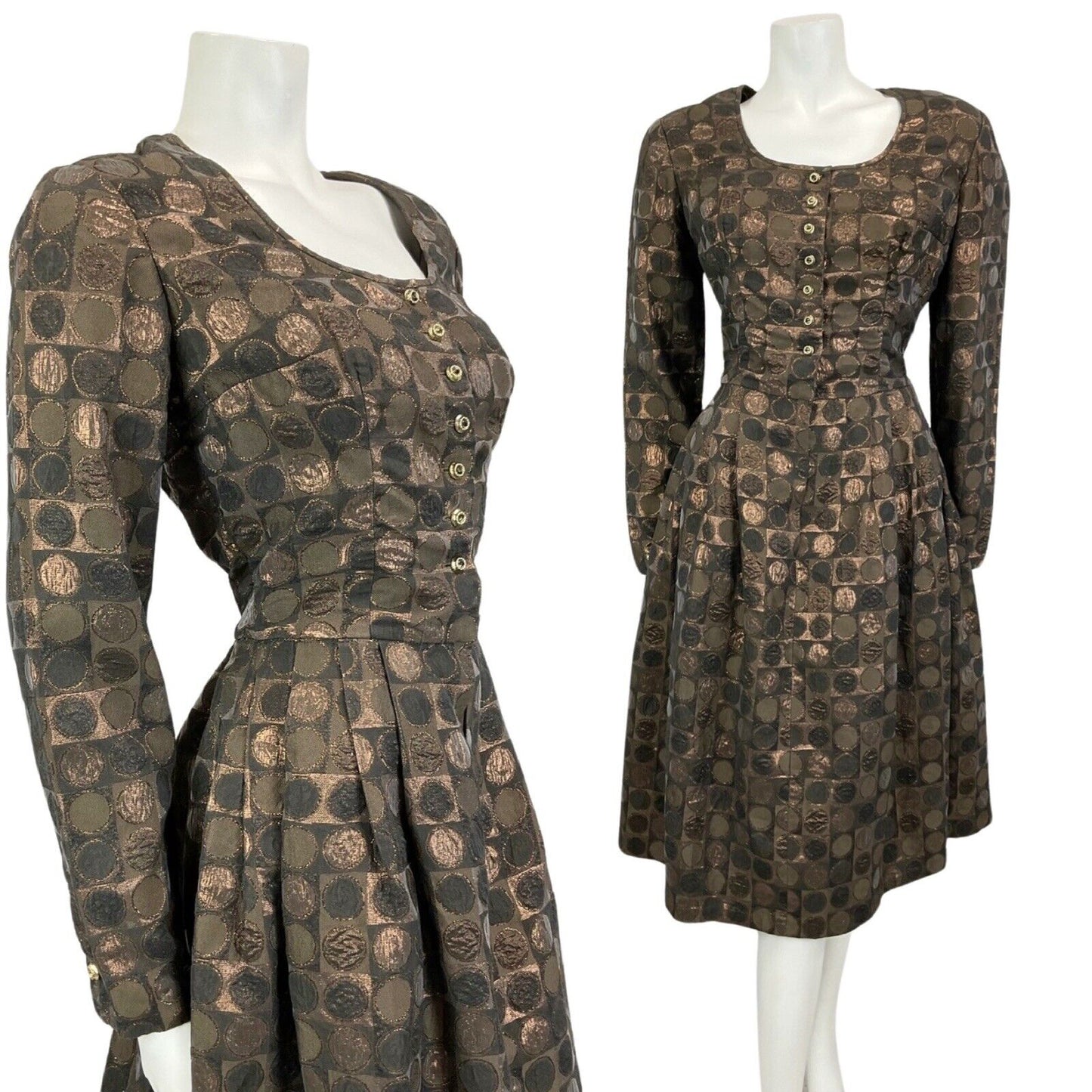 VINTAGE 60s 70s BROWN BRONZE METALLIC MOD MIDI PARTY CHRISTMAS EVENING DRESS 12