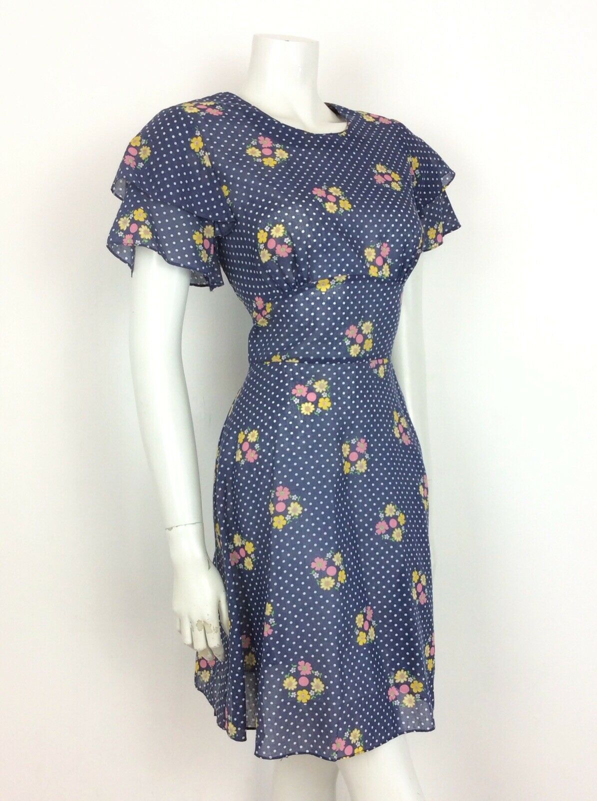 VINTAGE 60s 70s TEA DRESS POLKA DOT FLORAL RUFFLE BLUE WHITE PINK YELLOW 12