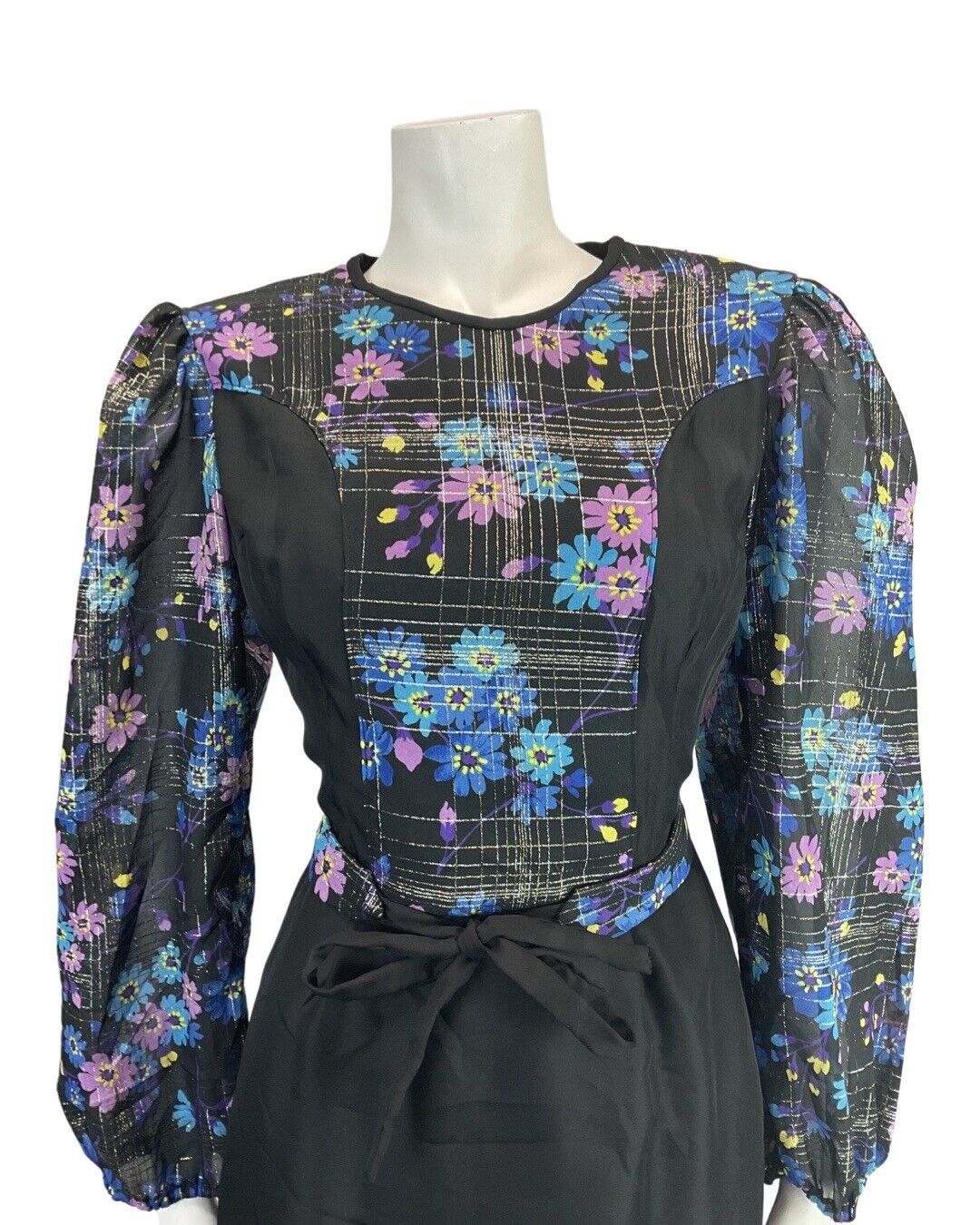 VINTAGE 60s 70s BLACK BLUE PINK DAISY FLOWER GRID SHEER BOHO MIDI DRESS 10