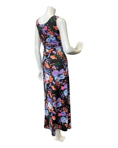 VNITAGE 60s 70s BLACK ORANGE PURPLE FLORAL DITSY SUMMER SLEEVELESS MAXI DRESS 12