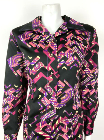 VINTAGE 60s 70s BLACK PINK PURPLE PAISLEY ZIGZAG PSYCHEDELIC SHIRT DRESS 12 14