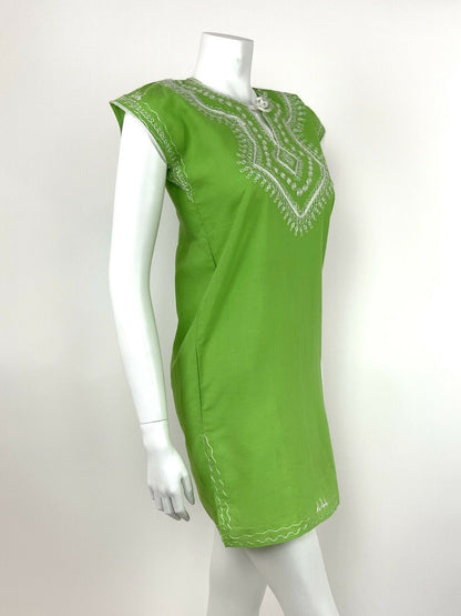 VINTAGE 60s 70s LIME GREEN COTTON KAFTAN WHITE EMBROIDERED ETHNIC 6 8