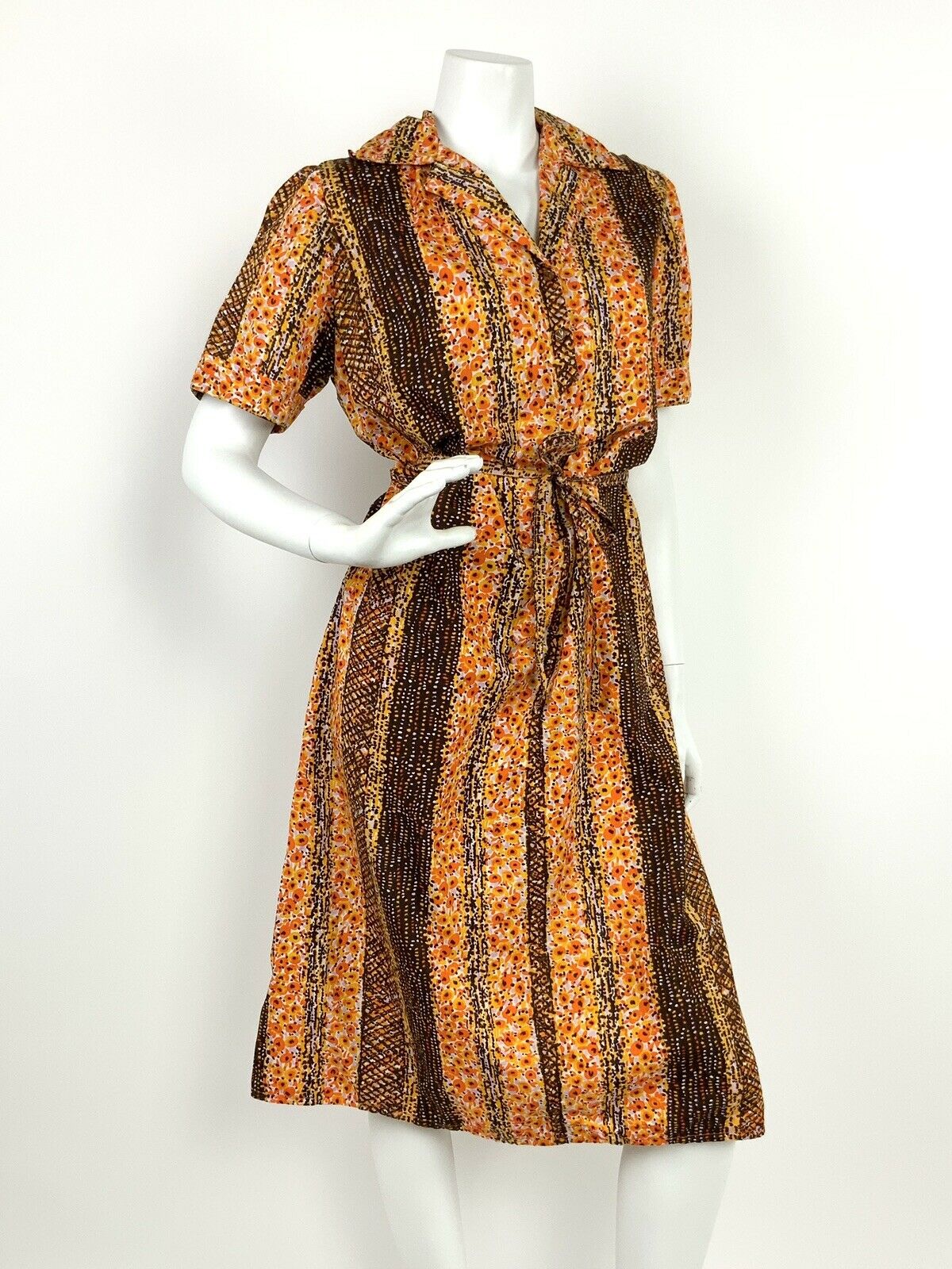 VINTAGE 60s 70s BROWN YELLOW ORANGE LILAC ABSTRACT STRIPED SHIRT DRESS 10 12 14