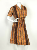 VINTAGE 60s 70s BROWN YELLOW ORANGE LILAC ABSTRACT STRIPED SHIRT DRESS 10 12 14