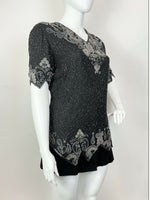 VTG 70s 80s BLACK SILVER SQUIGGLE FLORAL BROCADE PARTY SEQUIN BLOUSE TOP 24 26