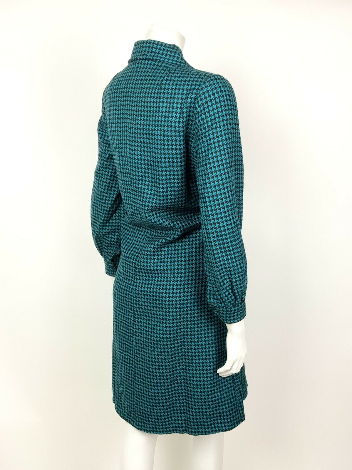 VTG 60s 70s PINE GREEN BLACK DOGTOOTH DAGGER COLLAR SHIRT SHIFT DRESS 8 10 12