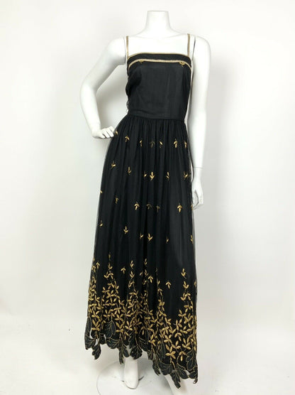 VINTAGE 60s 70s BLACK GOLD EMBROIDERED LEAF STUDIO 54 STRAPPY MESH MAXI DRESS 8