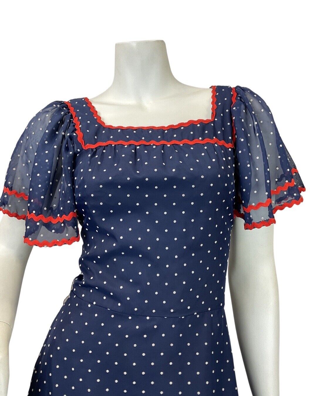 VINTAGE 60s 70s NAVY BLUE WHITE POLKA-DOT RIC-RAC MOD SHEER RUFFLED MAXI DRESS 8