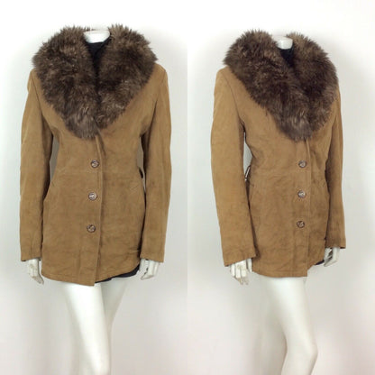 70s VTG BROWN TAN SUEDE LEATHER JACKET FUR TRIM COAT PENNY LANE SHEARLING 16 18