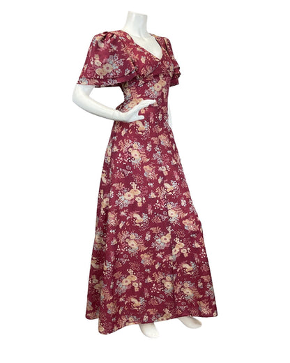 VINTAGE 60s 70s WINE RED CREAM BLUE FLORAL BOUQUET FLOATY MAXI DRESS 10