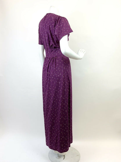 VINTAGE 60s 70s PLUM PURPLE BLUE GREEN SPECKLED FLUTTER SLEEVE MAXI DRESS 8 10