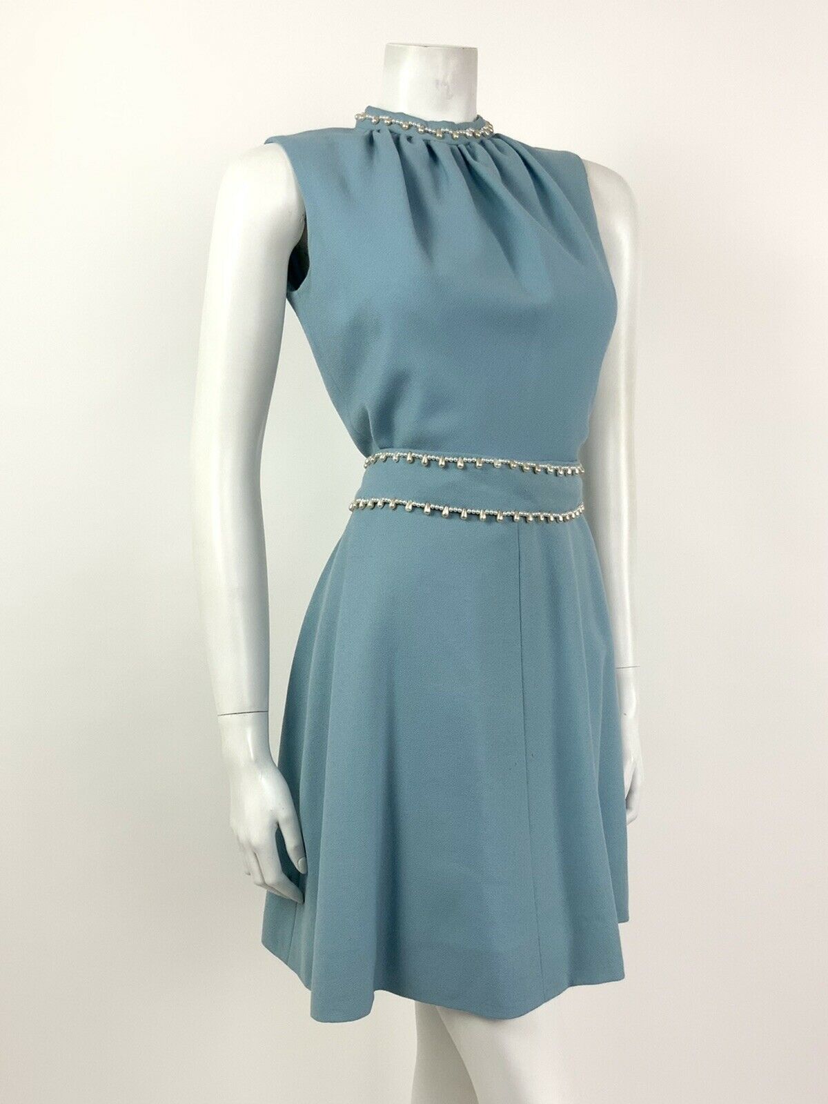 VINTAGE 60s BABY BLUE PEARL BEADED PARTY SLEEVELESS DRESS 10