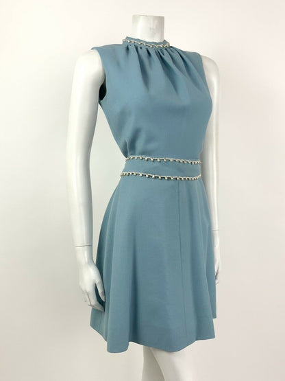 VINTAGE 60s BABY BLUE PEARL BEADED PARTY SLEEVELESS DRESS 10