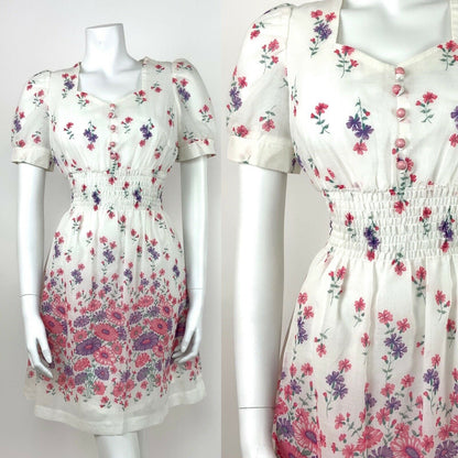 VINTAGE 60s 70s COTTON SUMMER DRESS FLORAL WHITE PINK PURPLE SWEETHEART 8 10