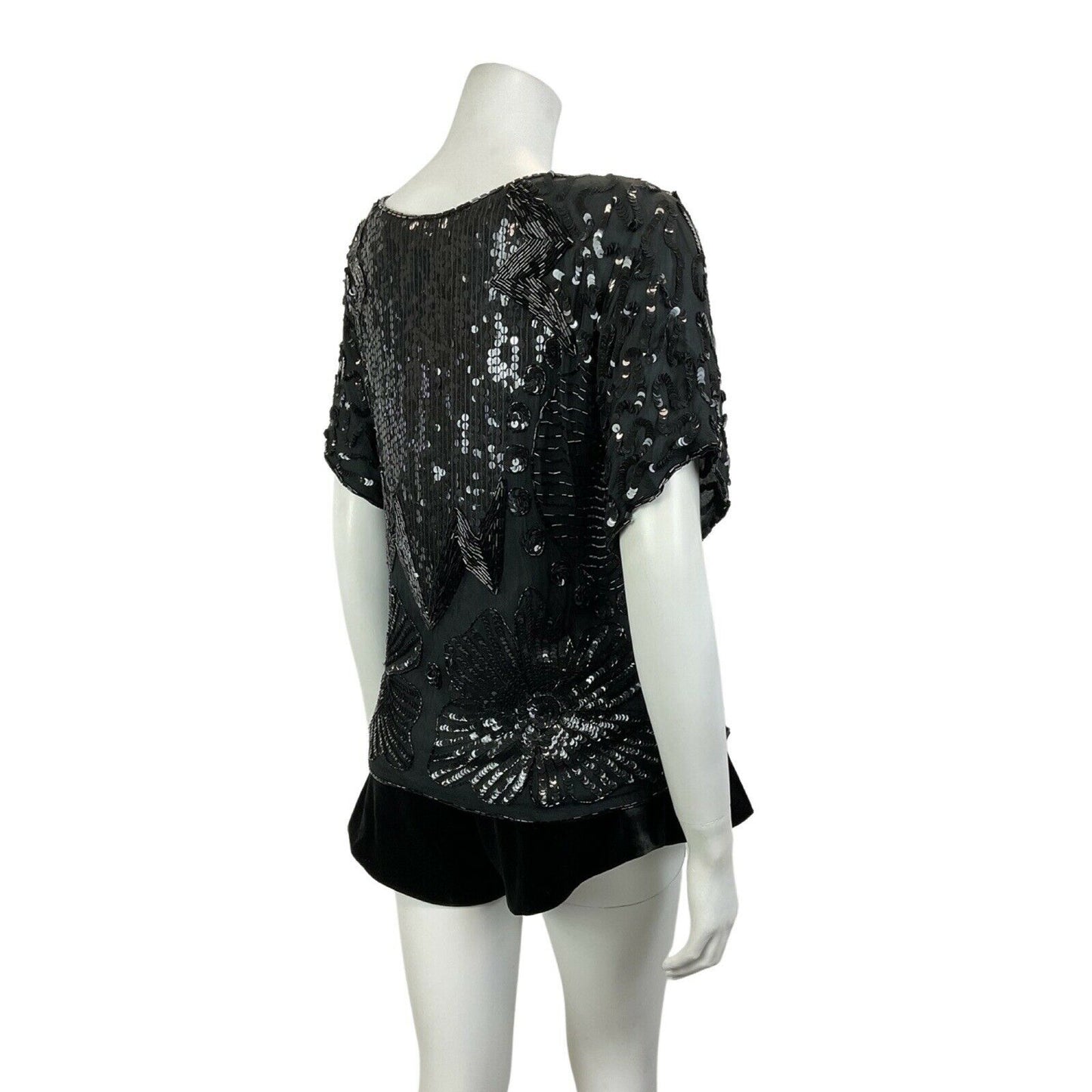 VINTAGE 70s 80s BLACK FLORAL GEOMETRIC DECO SEQUIN BEADED DISCO PARTY TOP 16 18