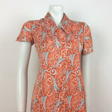 AMAZING ORANGE RED BLACK WHITE FLORAL PRINT 60S 70S DAGGER COLLAR DRESS 10 12