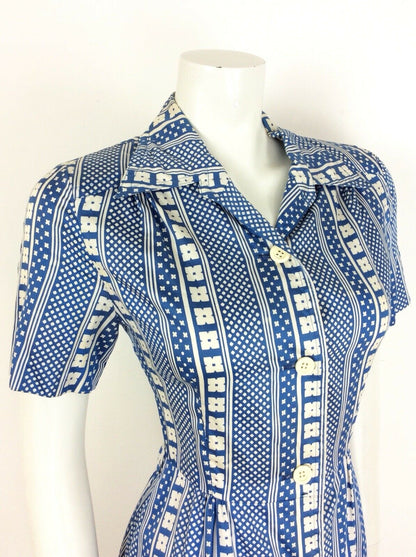 VTG 60S 70S BLUE WHITE DAISY FLOWER GEOMETRIC SHIRT DRESS 10