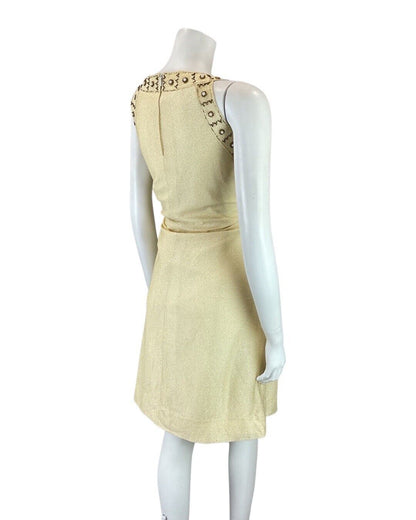 VINTAGE 60s 70s GOLD BEADED MOD DISCO STUDIO 54 PARTY SLEEVELESS SHIFT DRESS 10