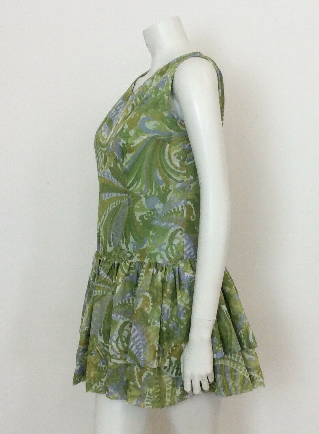 VINTAGE 60S GREEN BLUE PAISLEY DROP WAIST DRESS 12