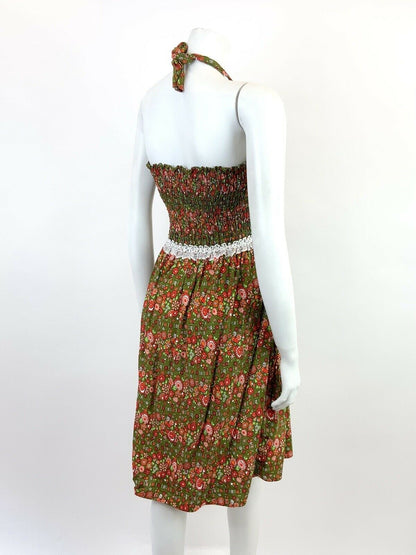 VINTAGE 60s 70s GREEN RED PINK WHITE FLORAL DISTY LACE MOD MINI HALTER DRESS 10