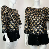 VINTAGE 70s 80s BLACK GOLD SCALES SEQUIN DISCO PARTY BATWING BLOUSE TOP 18 20