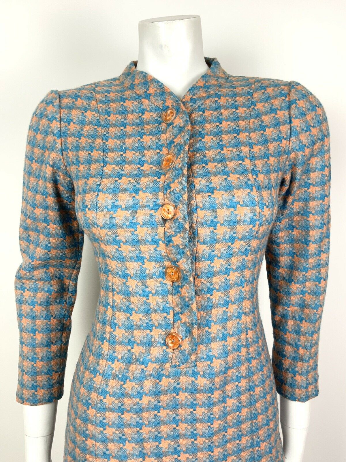 VINTAGE 60s 70s PASTEL ORANGE BLUE CHECKED HOUNDSTOOTH WOOL MOD SHIFT DRESS 8