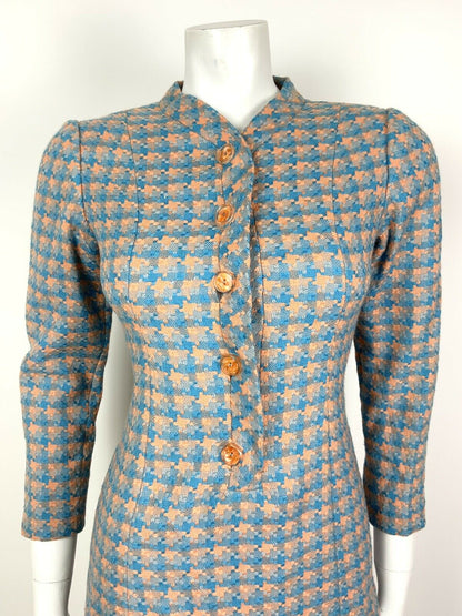 VINTAGE 60s 70s PASTEL ORANGE BLUE CHECKED HOUNDSTOOTH WOOL MOD SHIFT DRESS 8