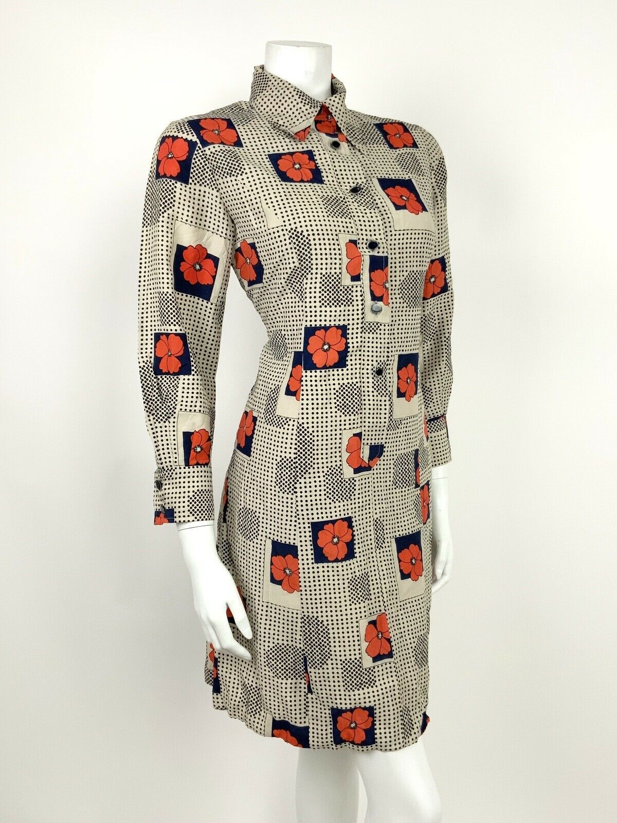 VINTAGE 60s 70s BEIGE BLACK BLUE RED FLORAL POPPY POLKA DOT SHIRT DRESS 10 12