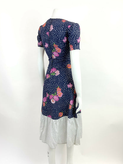 VINTAGE 60s NAVY BLUE WHITE PINK POLKA-DOT FLORAL RUFFLED MIDI DRESS 12