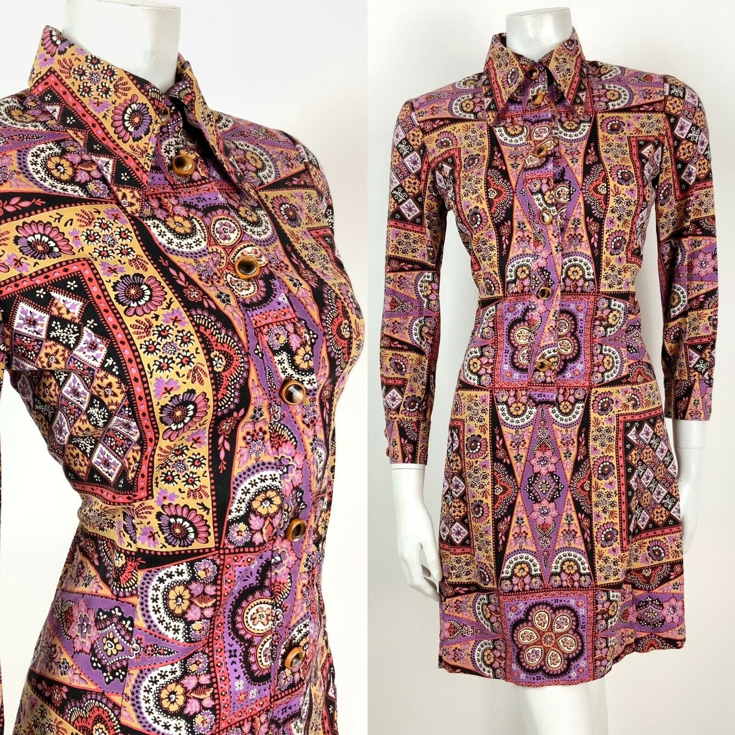 VTG 60s 70s PURPLE BLACK RED BEIGE FLORAL PSYCHEDELIC DAGGER SHIRT DRESS 8 10