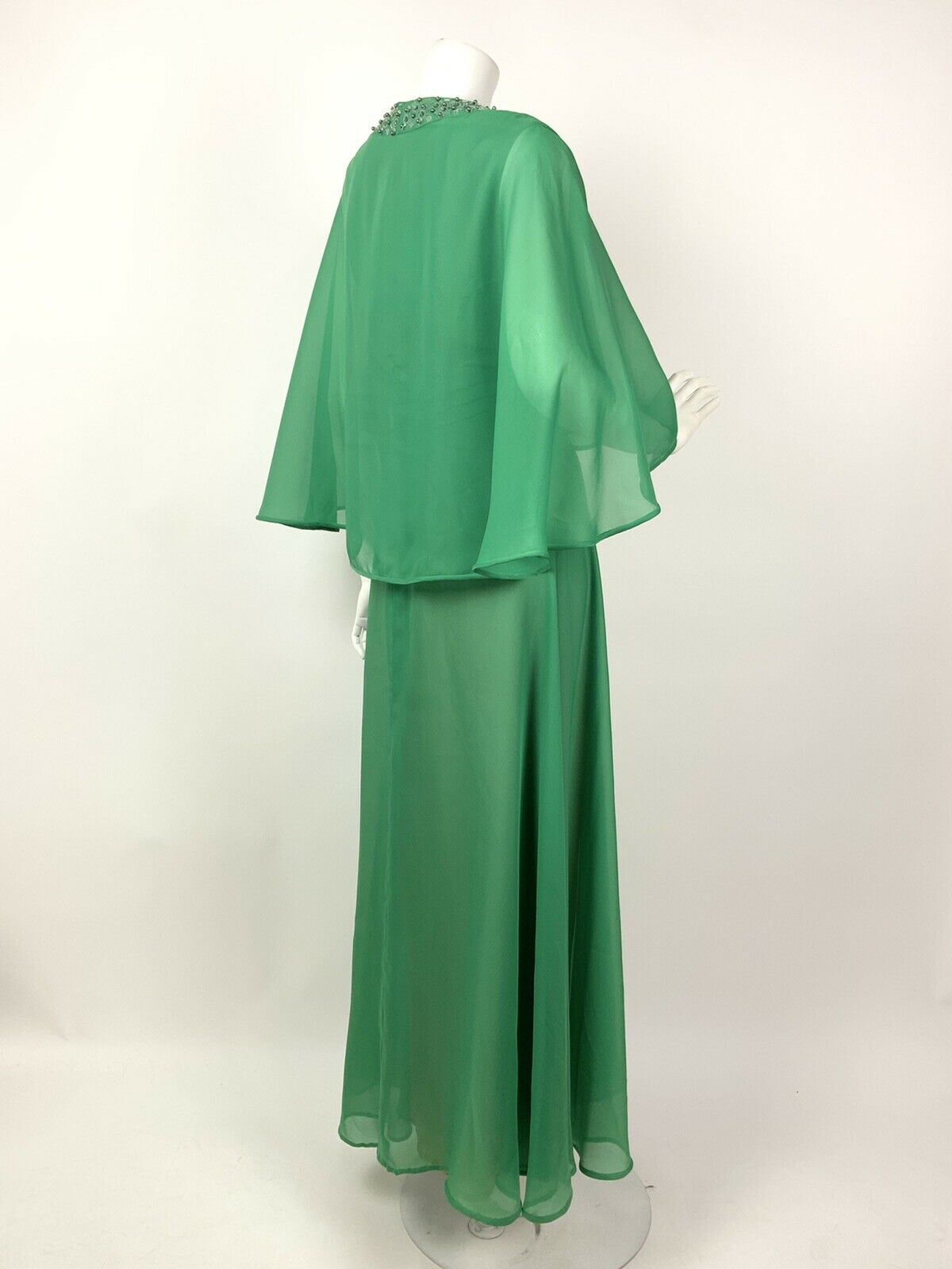 VINTAGE 60s 70s GREEN SILVER IRIDESCENT SEQUIN BEADED CAPED SHEER MAXI DRESS 12