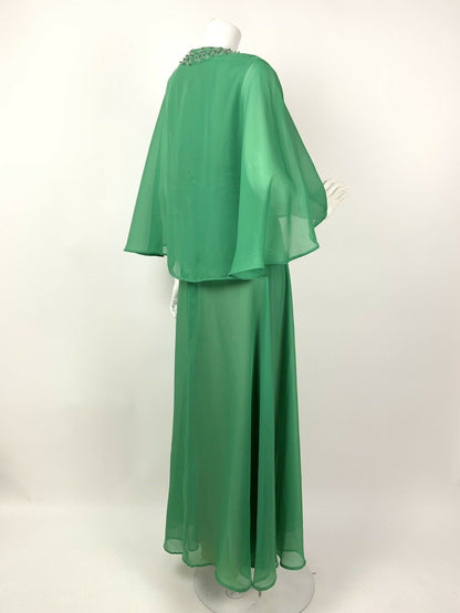 VINTAGE 60s 70s GREEN SILVER IRIDESCENT SEQUIN BEADED CAPED SHEER MAXI DRESS 12