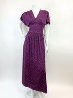 VINTAGE 60s 70s PLUM PURPLE BLUE GREEN SPECKLED FLUTTER SLEEVE MAXI DRESS 8 10