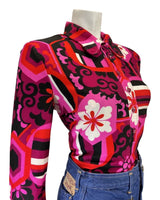VTG 60s 70s PURPLE PINK BLACK PSYCHEDELIC FLORAL MOD SPOON COLLAR BLOUSE 12 14