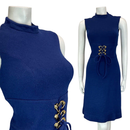 VINTAGE 60s 70s NAVY BLUE GOLD LACE-UP SLEEVELESS MOD KNEE-LENGTH WOOL DRESS