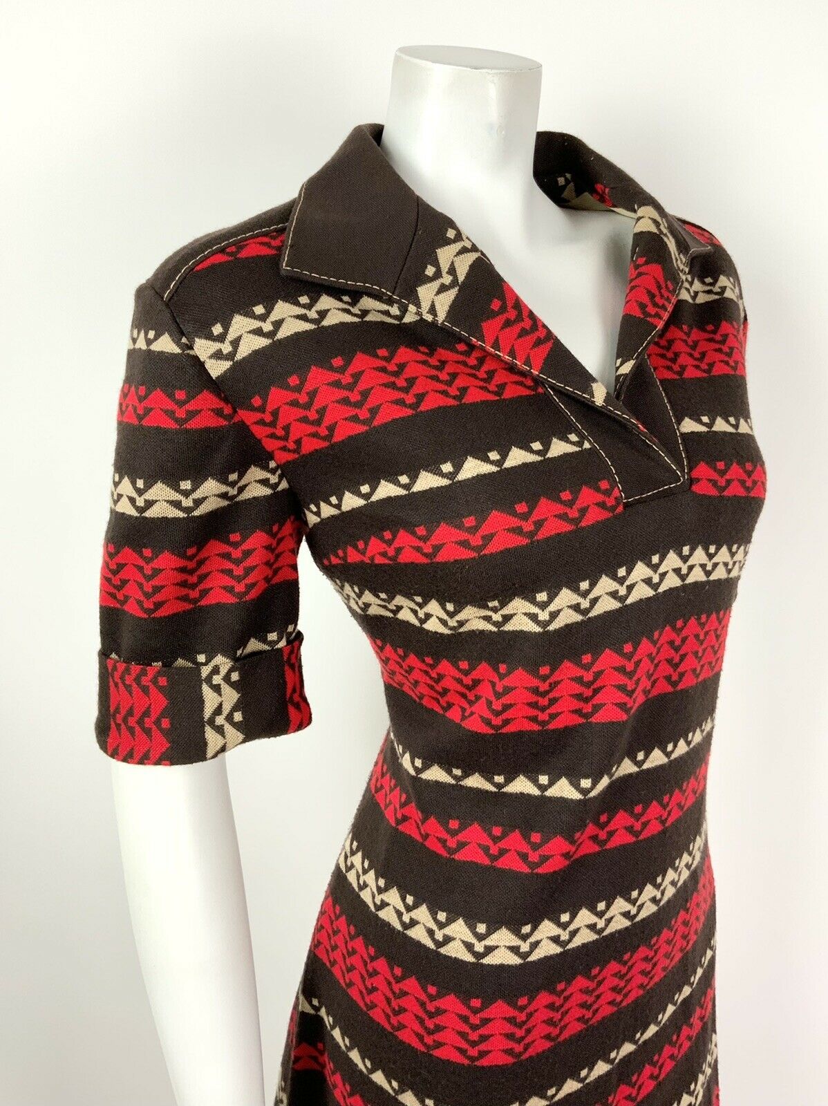 VINTAGE 60s 70s MOD BROWN RED BEIGE STRIPED SHIRT DRESS 14 16