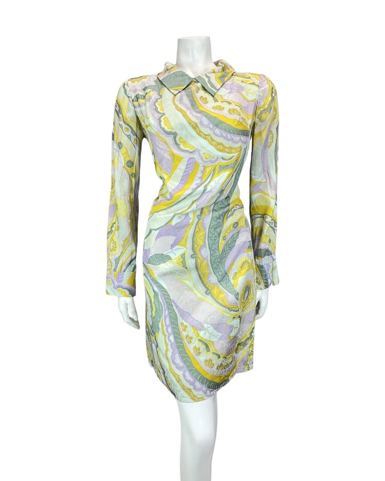 VINTAGE 60s 70s GREEN YELLOW PSYCHEDELIC FLORAL MOD SHIRT SHIFT DRESS 10 12