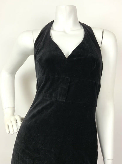 VINTAGE 60s 70s BLACK VELVET BOW GLAM STUDIO 54 HALTER-NECK MAXI DRESS 6