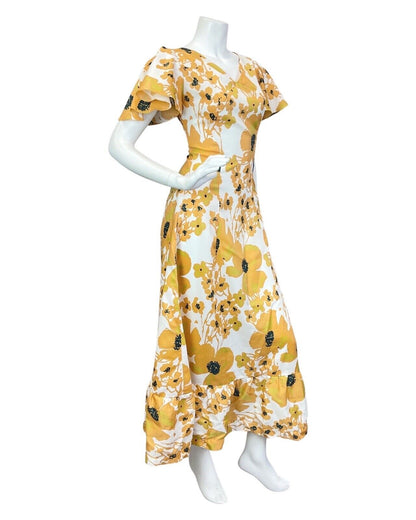 VINTAGE 60s 70s YELLOW GOLD WHITE FLORAL CAPE SLEEVE SUMMER MAXI DRESS 10