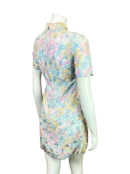 VINTAGE 60s 70s PASTEL BLUE PINK YELLOW FLORAL EMBROIDERED MOD MINI DRESS 6 8