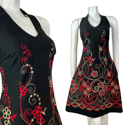 VINTAGE 60s 70s BLACK RED GOLD FLORAL EMBROIDERED PARTY GLAM HALTER DRESS 14