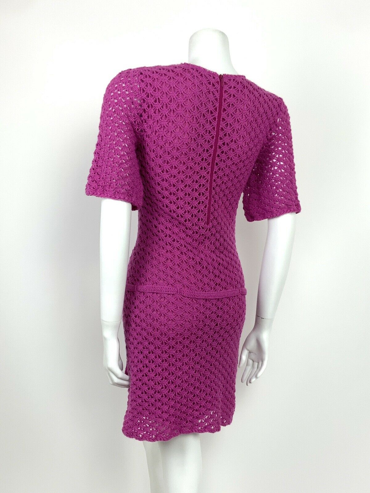 VINTAGE 60s 70s PINK PURPLE CROCHETED HIPPY DROP WAIST DRESS 8