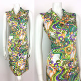 60S 70S VINTAGE WHITE GREEN PURPLE PSYCHEDELIC SLEEVELESS SHIRT DRESS 12 14