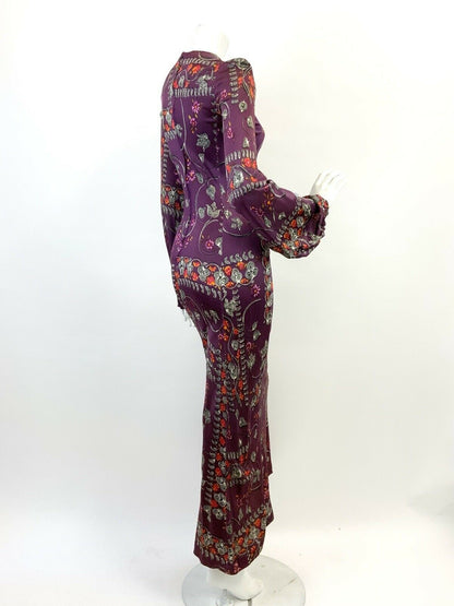 VTG 60s 70s PURPLE WHITE ORANGE FLORAL PAISLEY VINE MOD BOHO FOLK MAXI DRESS 6 8