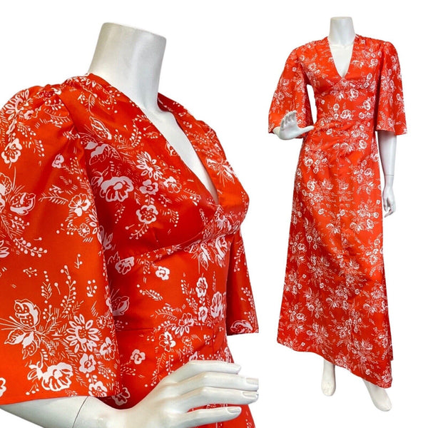 VINTAGE 60s 70s ORANGE WHITE FLORAL DOTTY BELL SLEEVE BOHO SUMMER MAXI DRESS 6