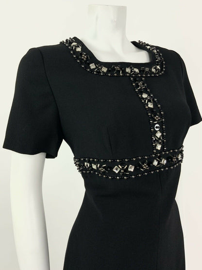 VINTAGE 60s BLACK SILVER BEADED DIAMANTE PARTY GLAM SHIFT DRESS 10 12