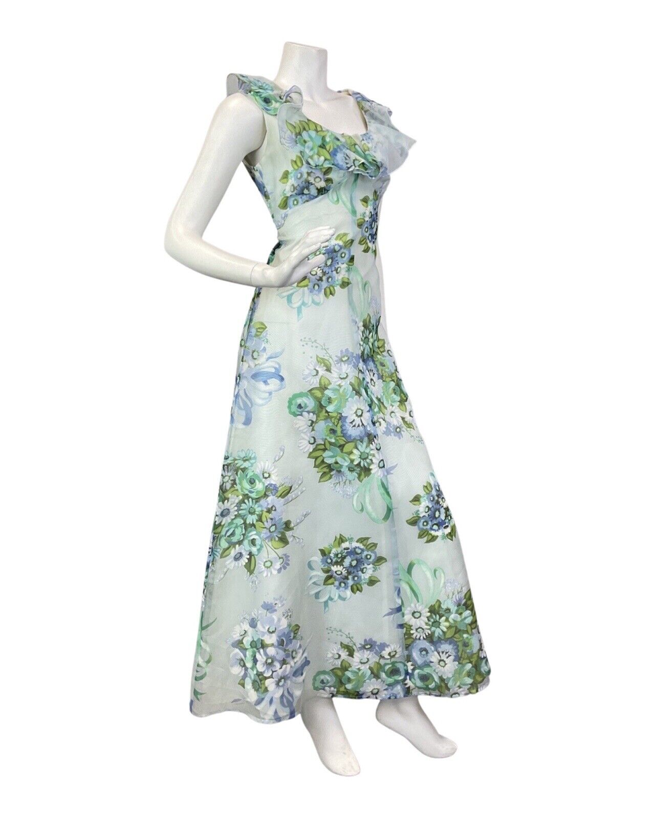 VINTAGE 60s 70s BLUE GREEN WHITE FLORAL BOUQUET RUFFLED SUMMER MAXI DRESS 8 10