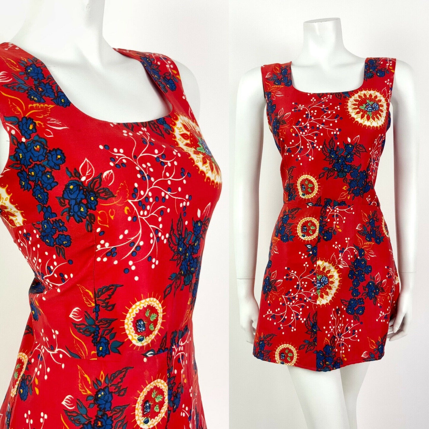 VTG 60s 70s RED BLUE GOLD FLORAL SLEEVELESS MOD SCOOTER MICRO MINI DRESS 10 12