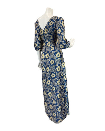 VTG 60s 70s BLUE GOLD FLORAL PSYCHEDELIC STUDIO 54 GLAM PARTY MAXI DRESS 10 12