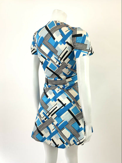 VINTAGE 60s 70s WHITE BLUE BLACK GEOMETRIC CHECKED MINI MOD DRESS 8 10